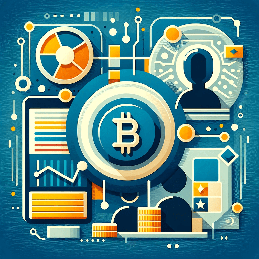 A flat icon depicting digital currency symbols and a financial platform interface with silhouettes engaging with the technology, in #EBB61A and #222222.