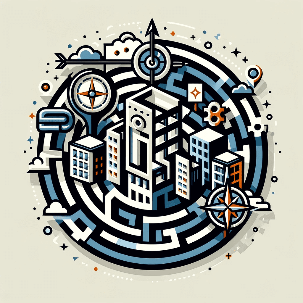 A flat icon depicting the resilience of franchises in the real estate market, featuring a maze, compass, and abstract buildings, in #EBB61A and #222222.