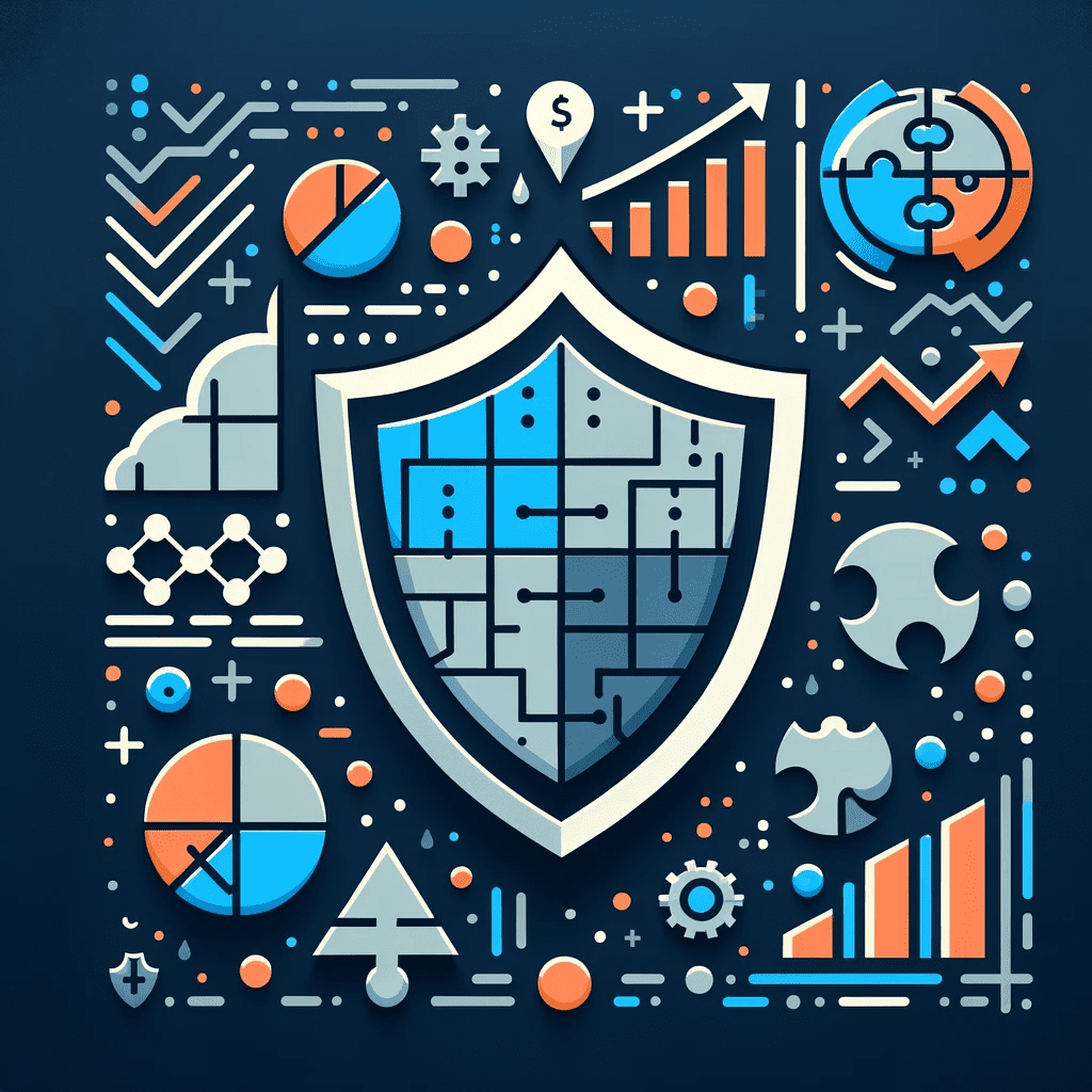  A flat icon representing strategic preparation for economic challenges, featuring a shield, abstract financial graphs, and puzzle pieces