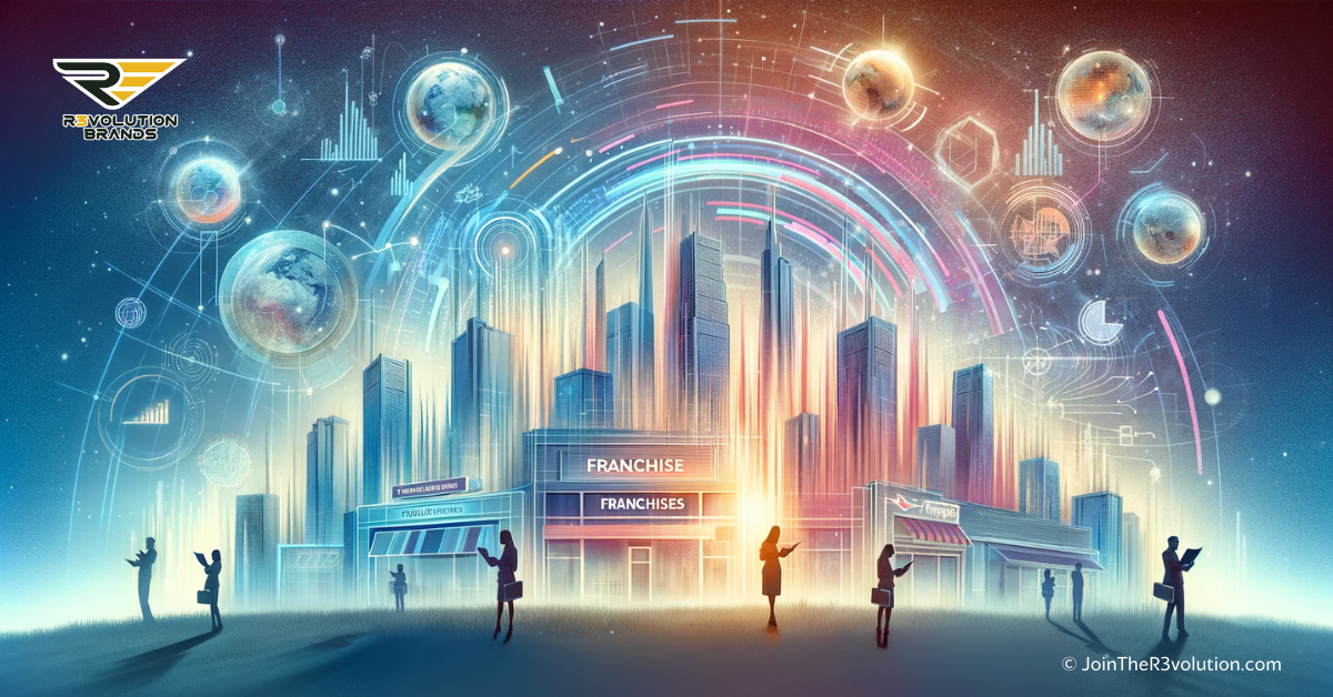An abstract business-themed image depicting evolving cityscapes with digital overlays and silhouettes of business professionals, in #EBB61A and #222222, symbolizing dynamic real estate trends in franchising.