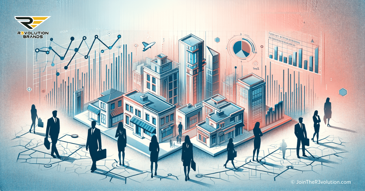 An abstract business-themed image depicting stylized buildings, market trend graphs, and silhouettes of professionals strategizing over a map, in #EBB61A and #222222.