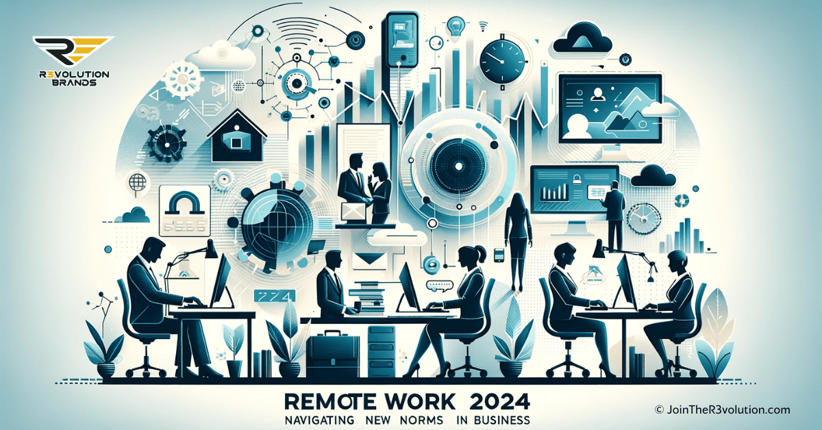 An abstract business-themed image depicting home office setups, digital communication tools, and silhouettes of professionals working remotely.
