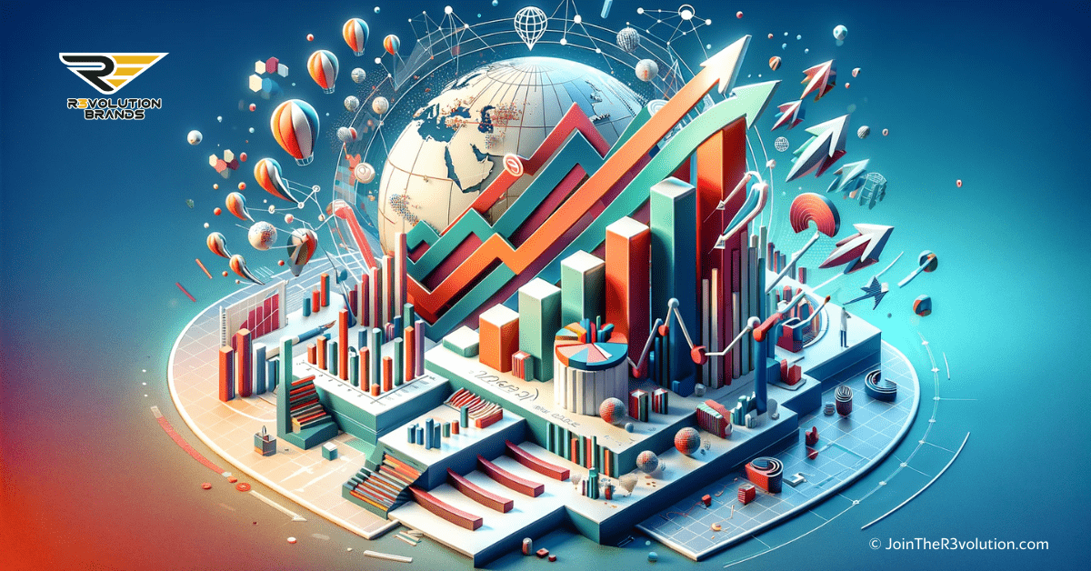 A 3D conceptual image depicting retail expansion strategies with elements like upward arrows, expanding graphs, and global connectivity in bold colors