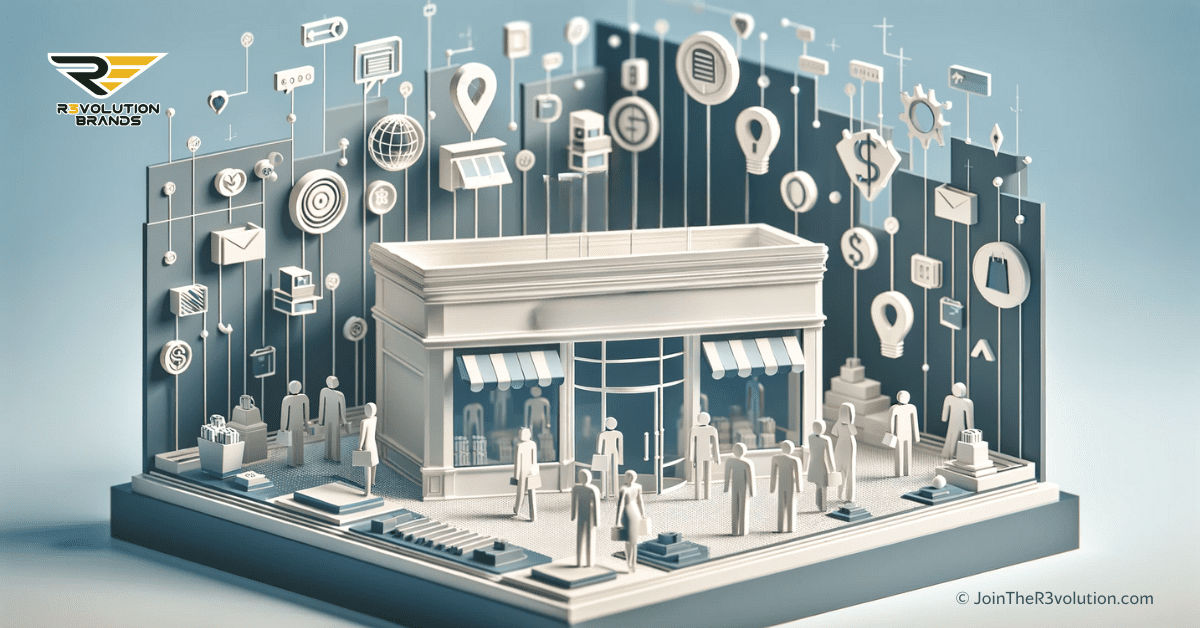 A 3D image depicting an abstract storefront with symbols of customer interaction and silhouetted figures engaging in a retail environment, using colors #EBB61A and #222222.