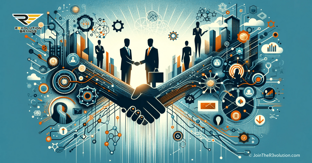 An abstract business-themed image showcasing interconnected networks, partnership symbols, and silhouettes of business figures working together.