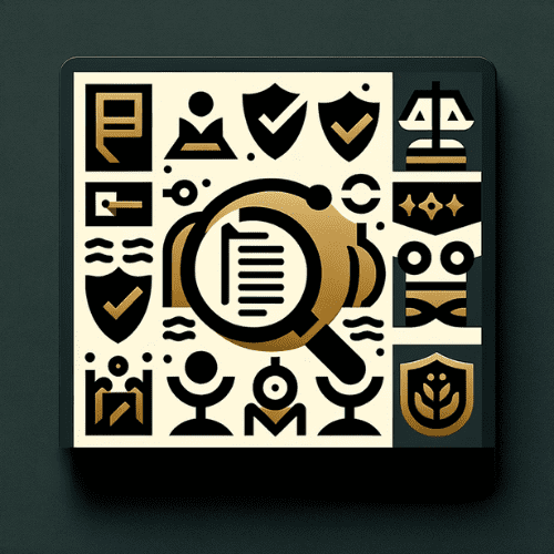 A flat icon depicting risk management in business, featuring abstract shapes like a magnifying glass and a balance scale in golden and dark gray.