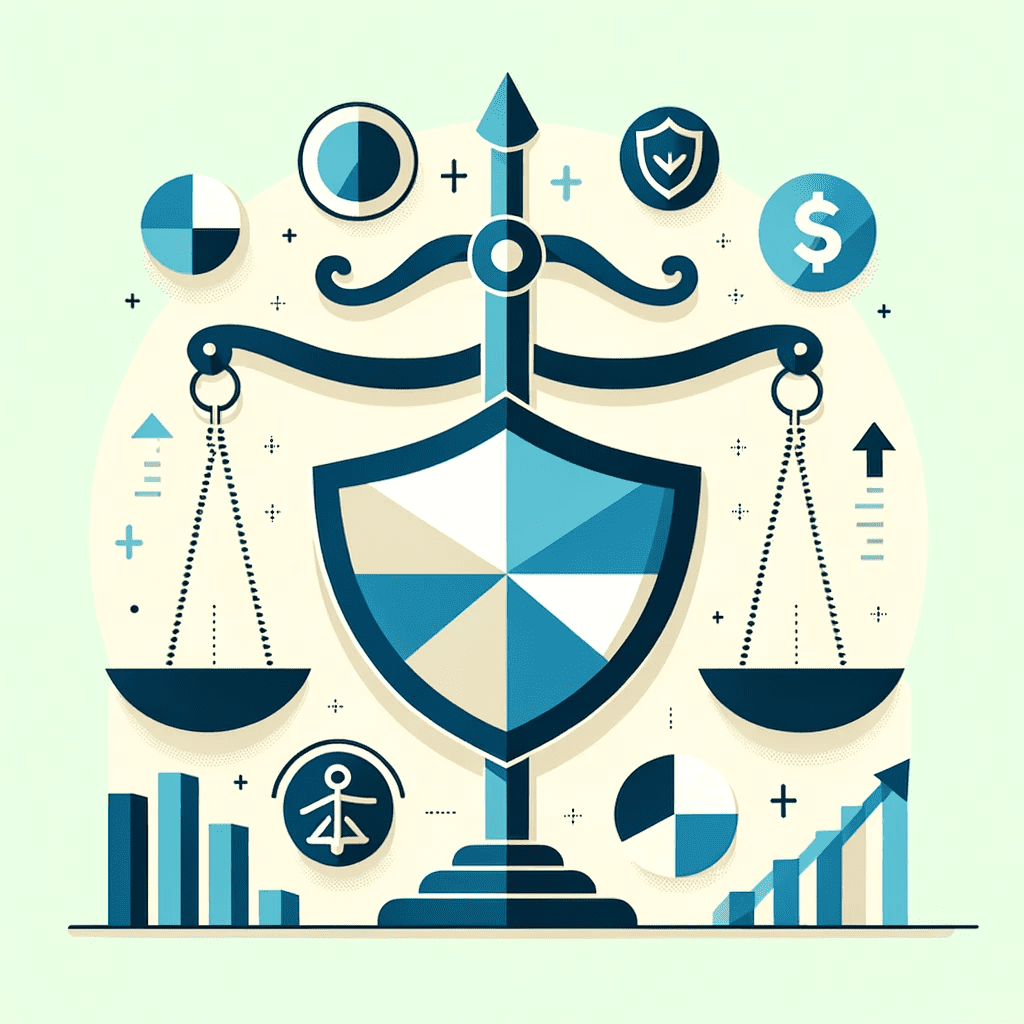 A flat icon depicting risk management and financial resilience, with a shield, balanced scales, and upward arrows, in #EBB61A and #222222.
