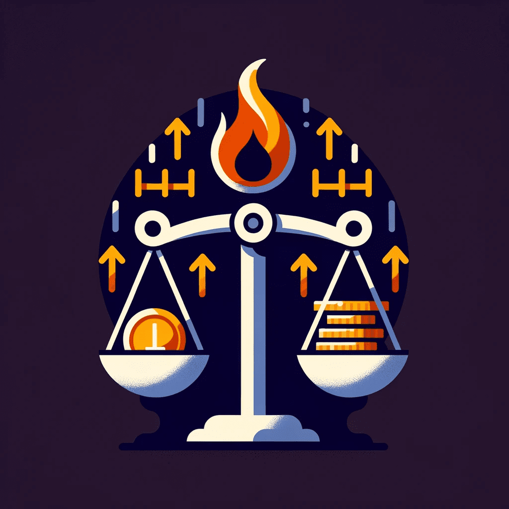 A flat icon depicting the balance between risk and return, with elements like a scale, flame, jagged line, coins, and upward arrows, in a professional color scheme.