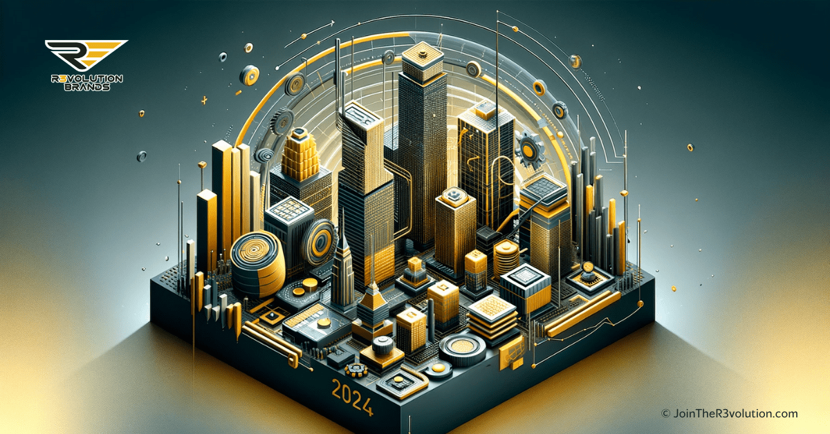 An abstract 3D representation of business growth and resilience with skyscrapers, growth charts, and interconnected networks in golden and dark gray.