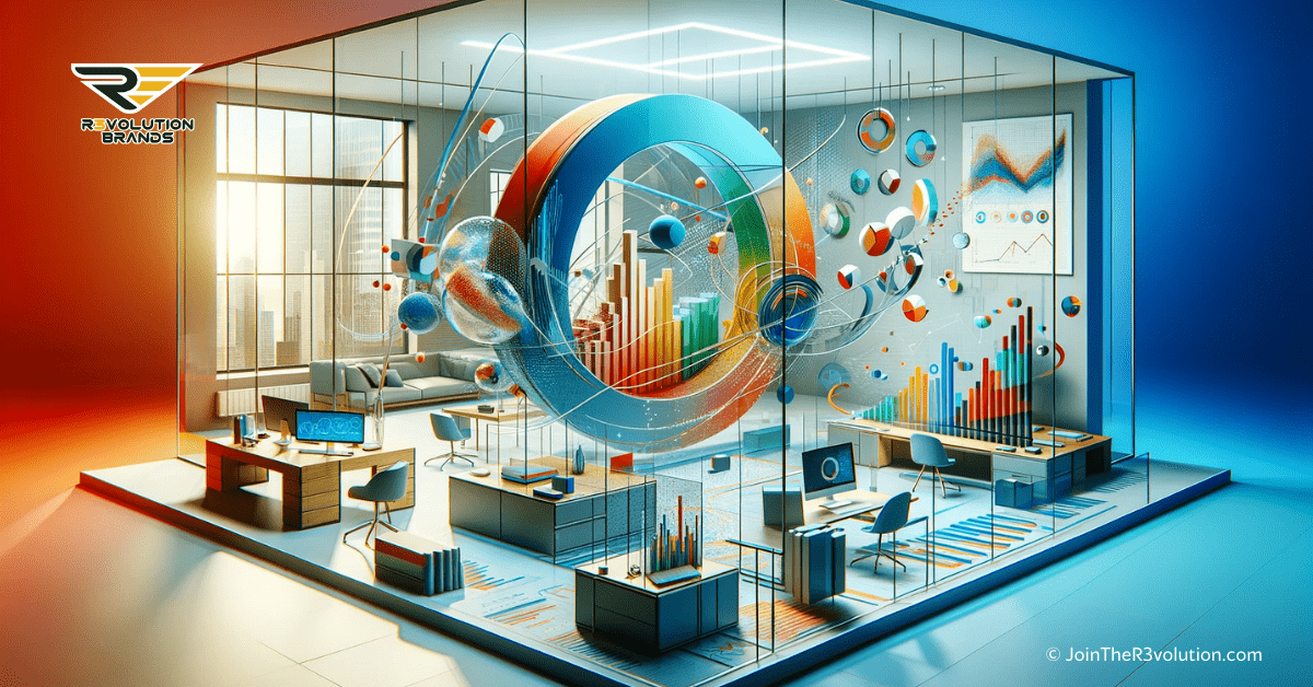 A 3D image showcasing a modern office setting with abstract analytical elements like graphs and charts, emphasizing business analysis in vibrant, bold colors.