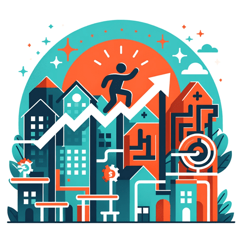 Flat icon symbolizing growth and overcoming challenges in small town business ventures, with elements like graphs and obstacles