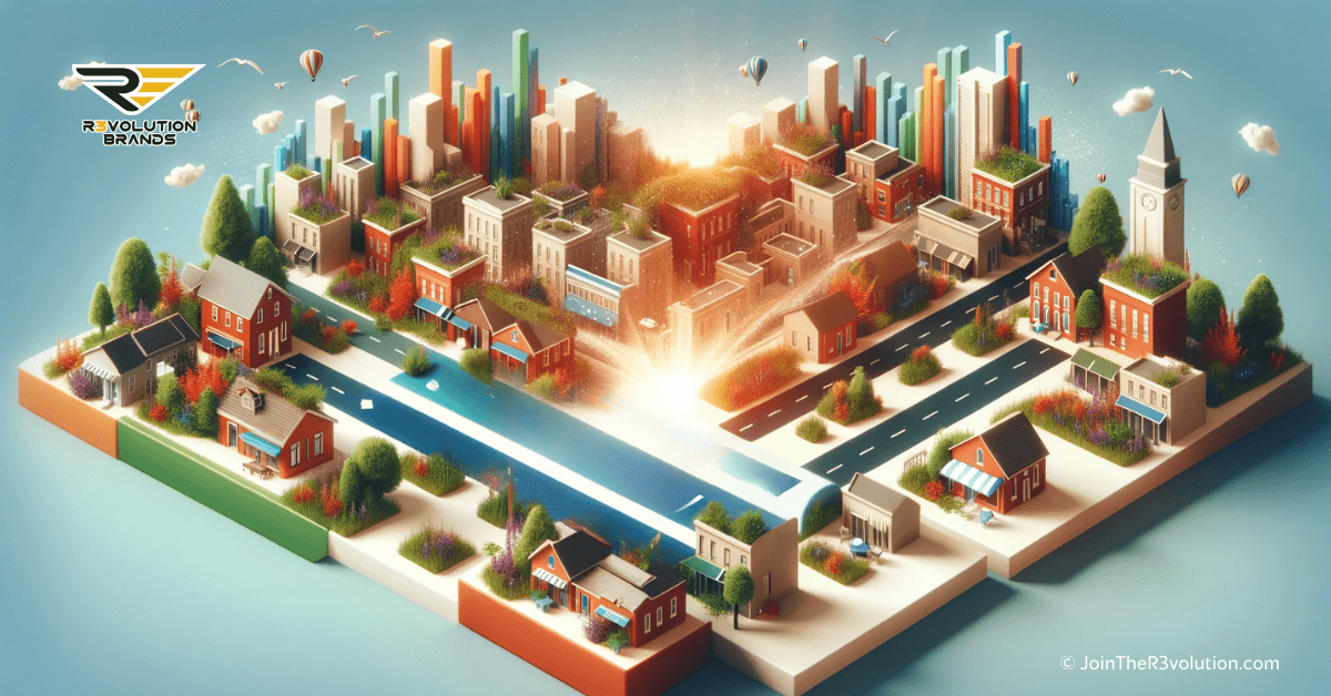 3D image illustrating small towns transforming into thriving business centers, symbolizing growth and opportunity