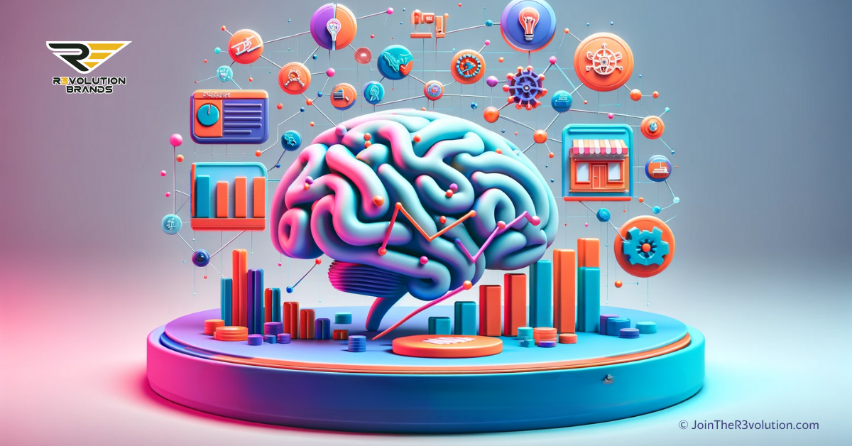 A 3D image showcasing intelligent franchise investment, with an abstract brain, growth graph, and stylized franchise representations.
