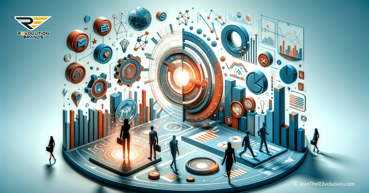 A 3D business-themed image showcasing elements like 3D graphs and abstract financial symbols, with silhouettes of professionals analyzing these elements, in #EBB61A and #222222.