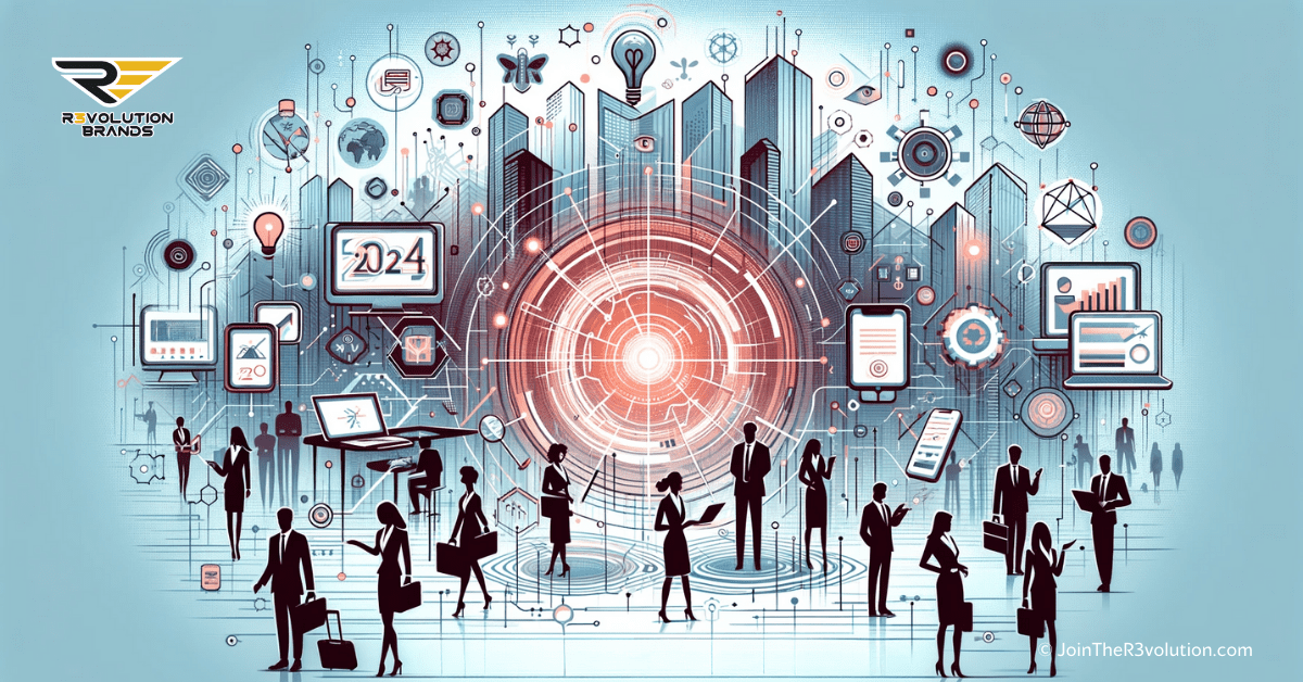 An abstract business-themed image depicting digital networks, smart devices, and silhouetted professionals using technology, in #EBB61A and #222222.