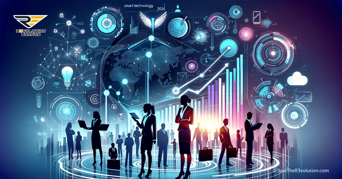 An abstract business-themed image showcasing futuristic tech devices and digital growth charts, with silhouettes of business professionals interacting with smart technology, in #EBB61A and #222222.