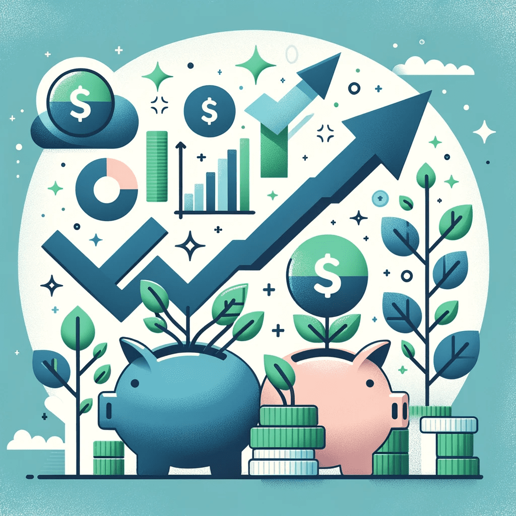 A flat icon illustrating strong saving habits with elements like piggy banks, growing plants, and upward trending graphs, in green and blue tones, symbolizing financial growth and savings.