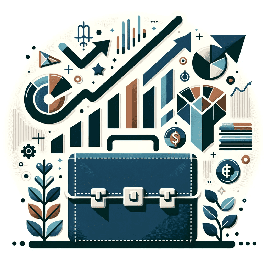A flat icon representing successful financial planning in entrepreneurship, featuring pie charts, upward trend arrows, and a briefcase symbol, in #EBB61A and #222222.