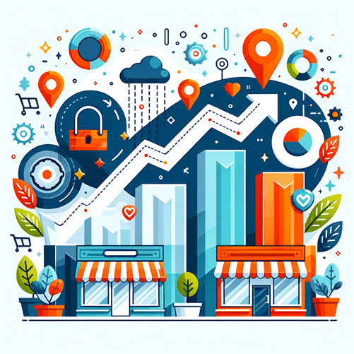 Flat design icon illustrating retail success, with rising graphs, miniature storefronts, and symbols of innovation and learning.
