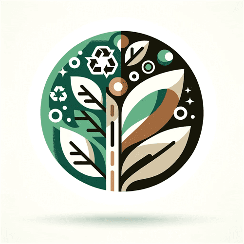 Flat design icon for sustainable retail expansion, featuring green leaves, recycle symbols, and eco-friendly motifs in earthy tones.