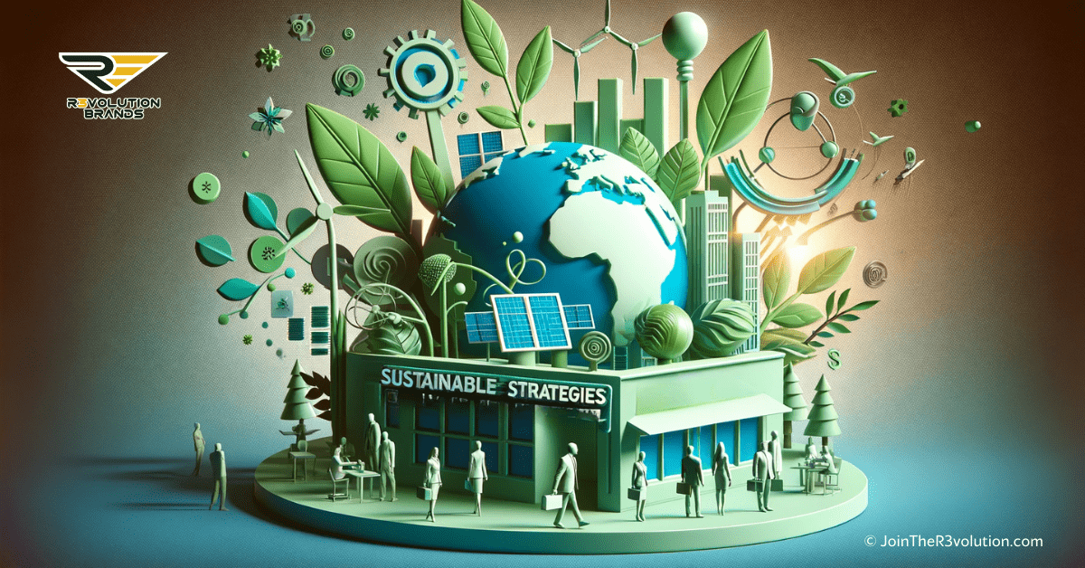 A 3D image showcasing green leaves, a symbolic Earth, and renewable energy sources, with silhouettes of business figures engaging in sustainable practices, in a color palette of #EBB61A and #222222.