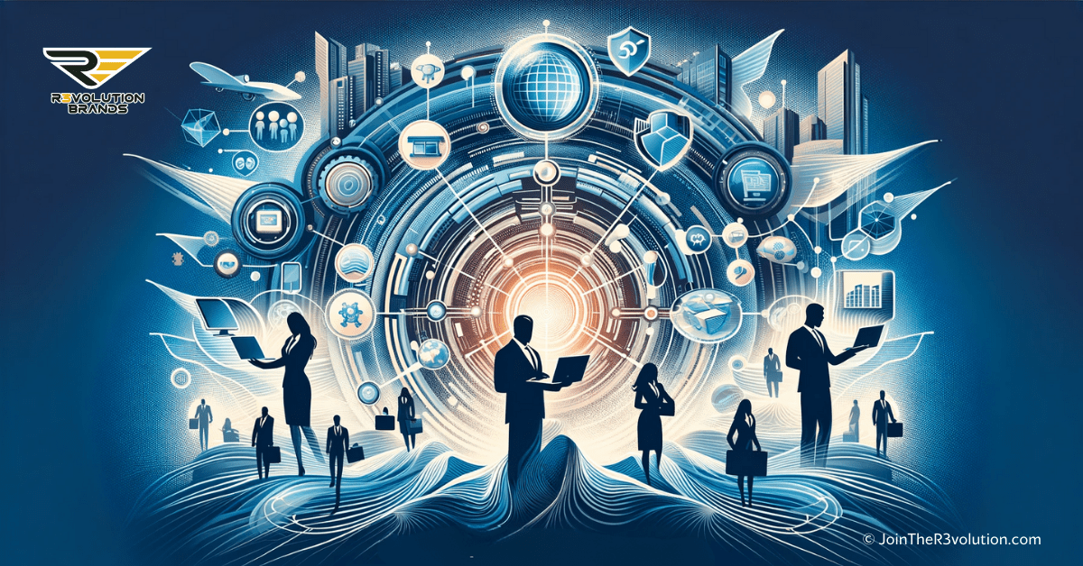 An abstract business-themed image showcasing digital transformation waves and technology icons, with silhouetted business figures interacting with futuristic tech.