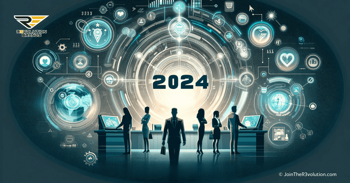 An abstract business-themed image featuring futuristic customer interaction points and digital engagement symbols, with silhouettes of people in a franchise setting.