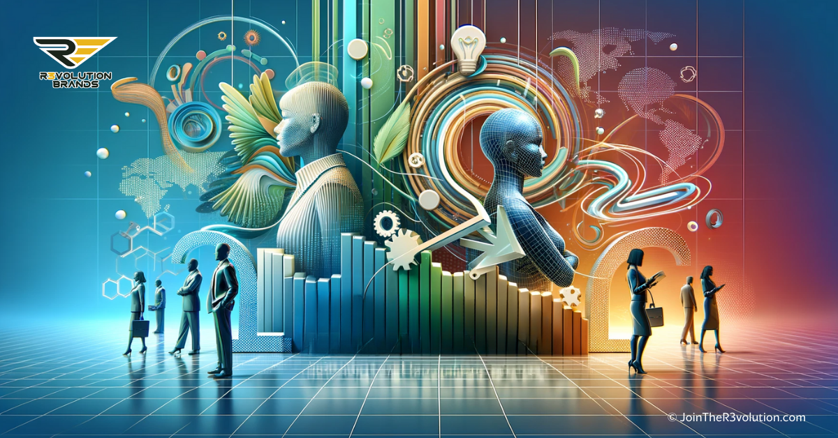A 3D-styled image illustrating the evolution of workforce management with abstract figures, dynamic lines, and technology symbols, in colors #EBB61A and #222222.
