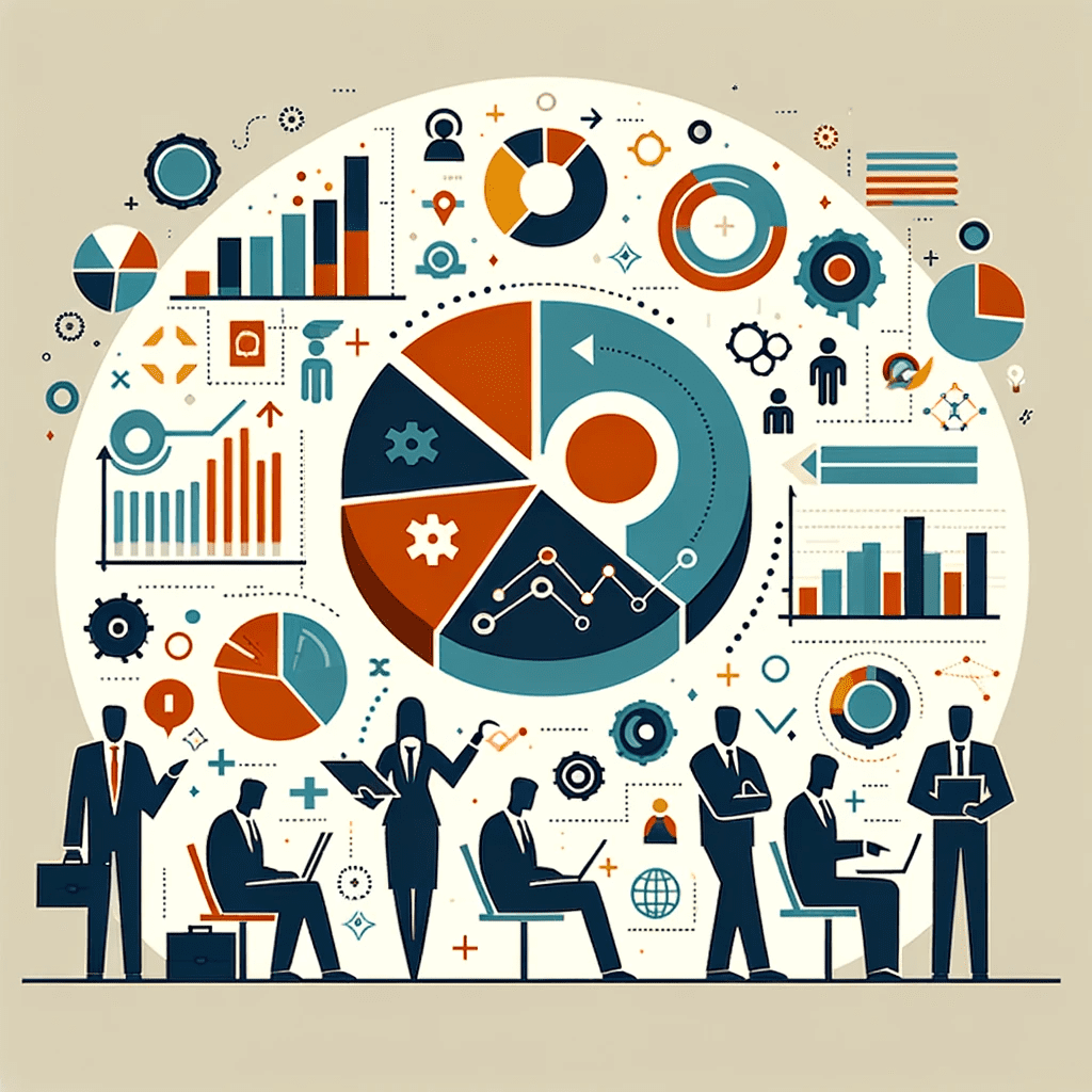 A flat icon showcasing abstract pie charts, graphs, and silhouettes of business figures analyzing data, in a modern design using #EBB61A and #222222.